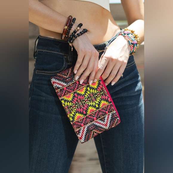 Handmade Hand Beaded Wristlet Clutch - Ethnic Inspired Design - Dyed Fine Cotton - Picture 5 of 9